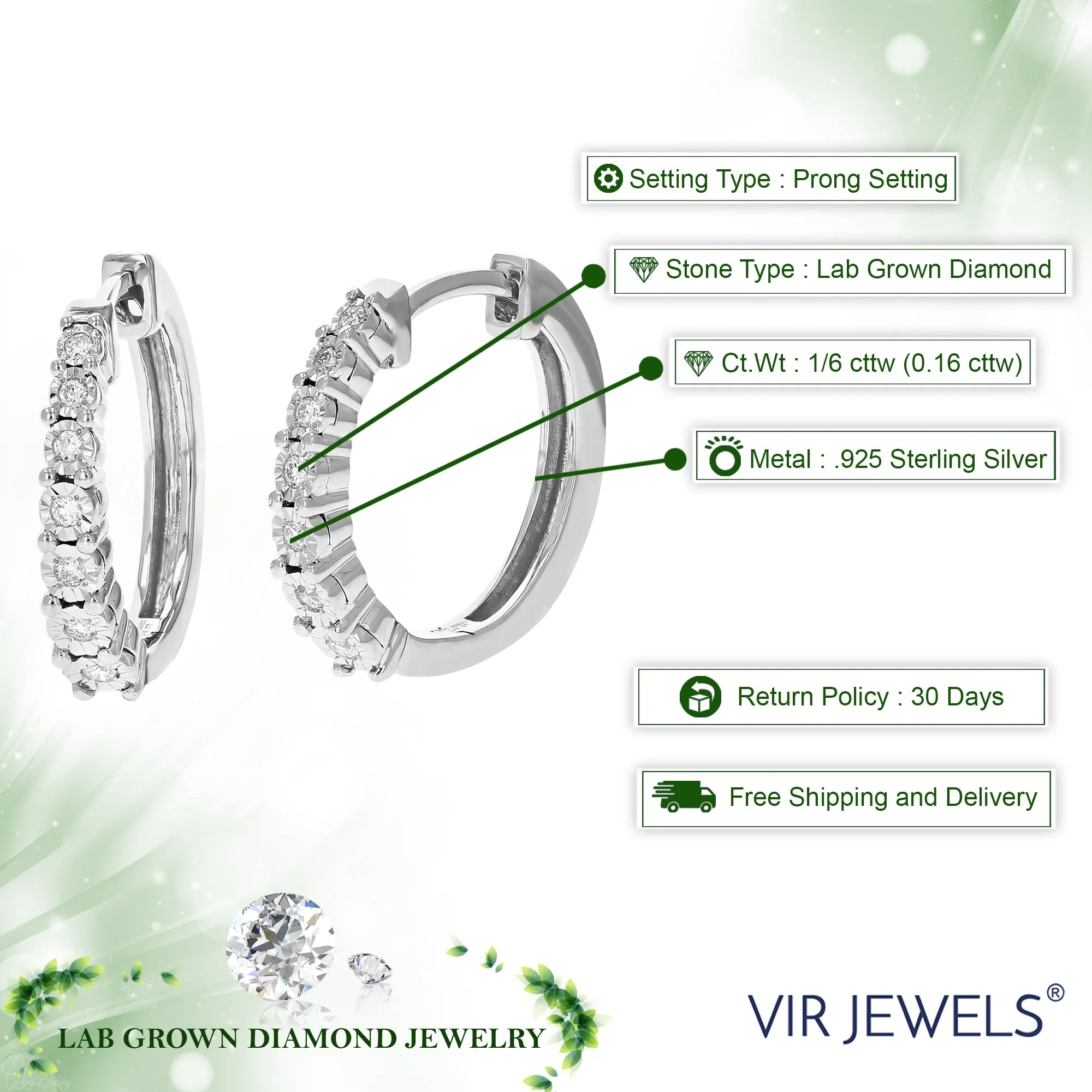 1/6 cttw 14 Stones Round Lab Grown Diamond Hoop Earrings .925 Sterling Silver Prong Set 2/3 Inch