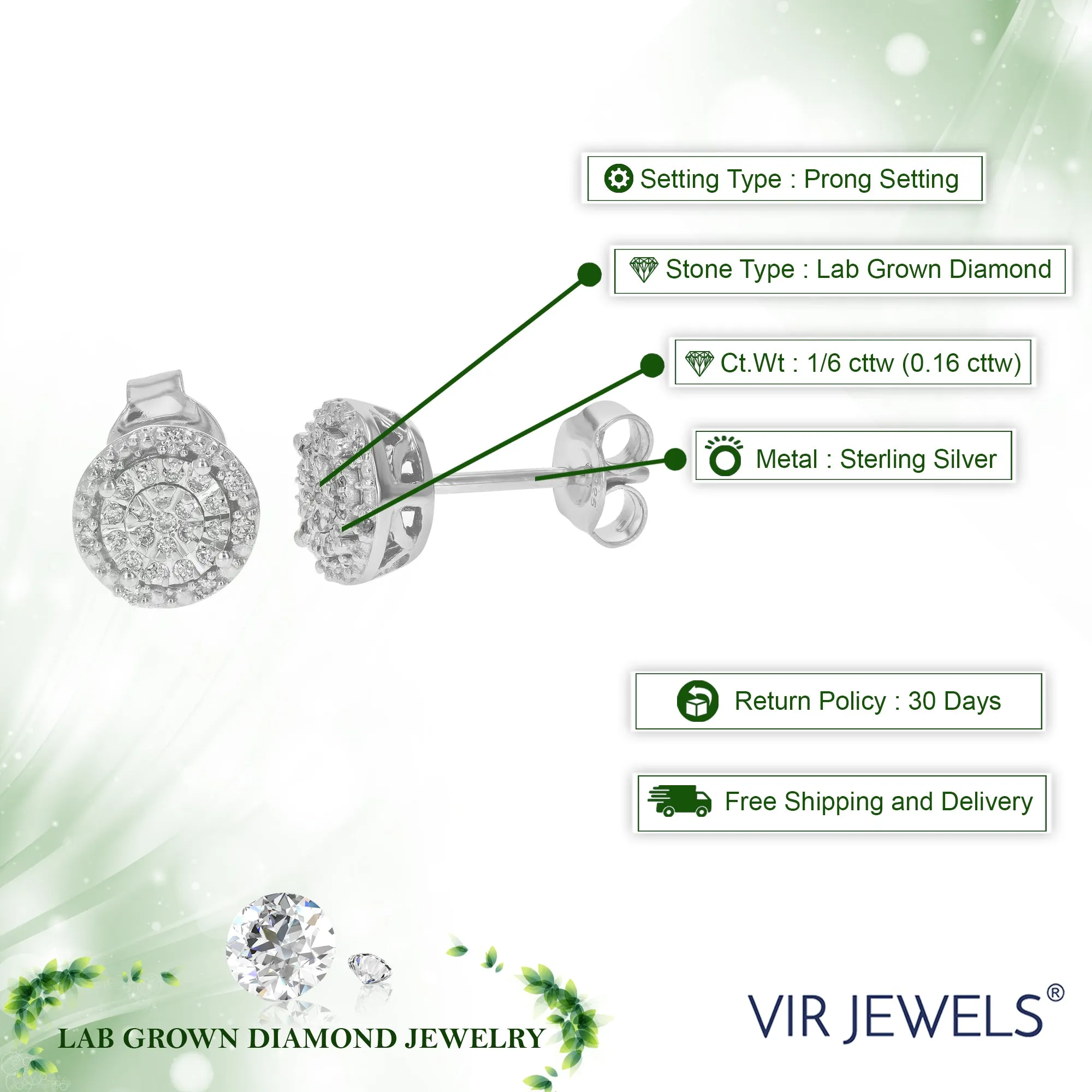 1/6 cttw Round Lab Grown Diamond Stud Earrings Made in .925 Sterling Silver Prong Set