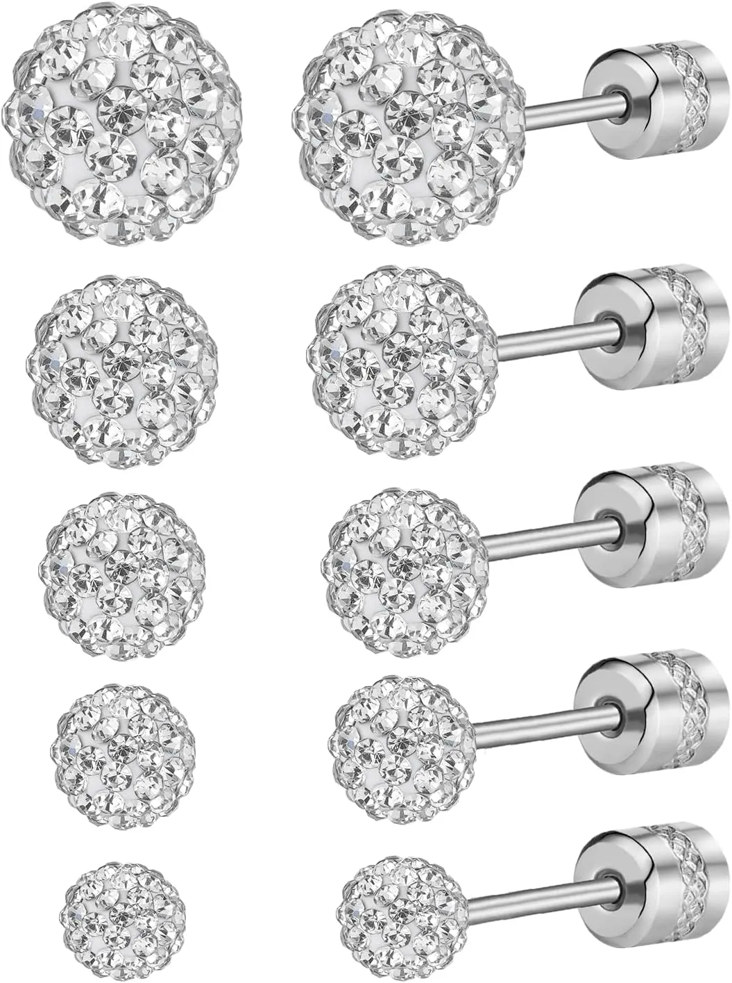 5 Pairs Stud Earrings for Women Disco Ball Crystal Earrings Set Hypoallergenic Sparkly Cubic Zirconia Silver Ball Earring Studs - 5 Sizes