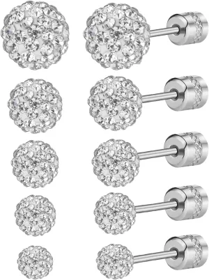 5 Pairs Stud Earrings for Women Disco Ball Crystal Earrings Set Hypoallergenic Sparkly Cubic Zirconia Silver Ball Earring Studs - 5 Sizes