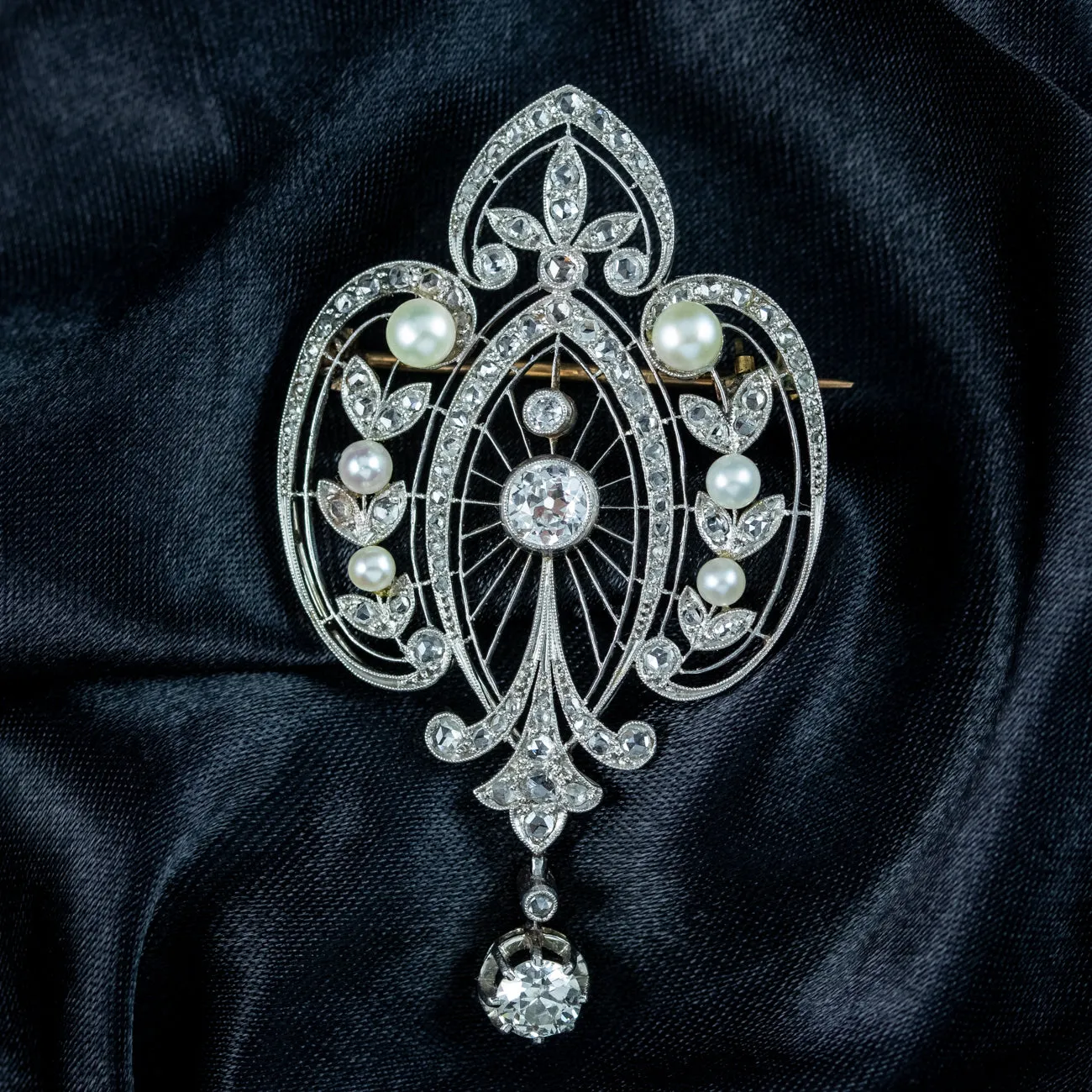 Antique Edwardian French Belle Epoque Diamond Pearl Brooch