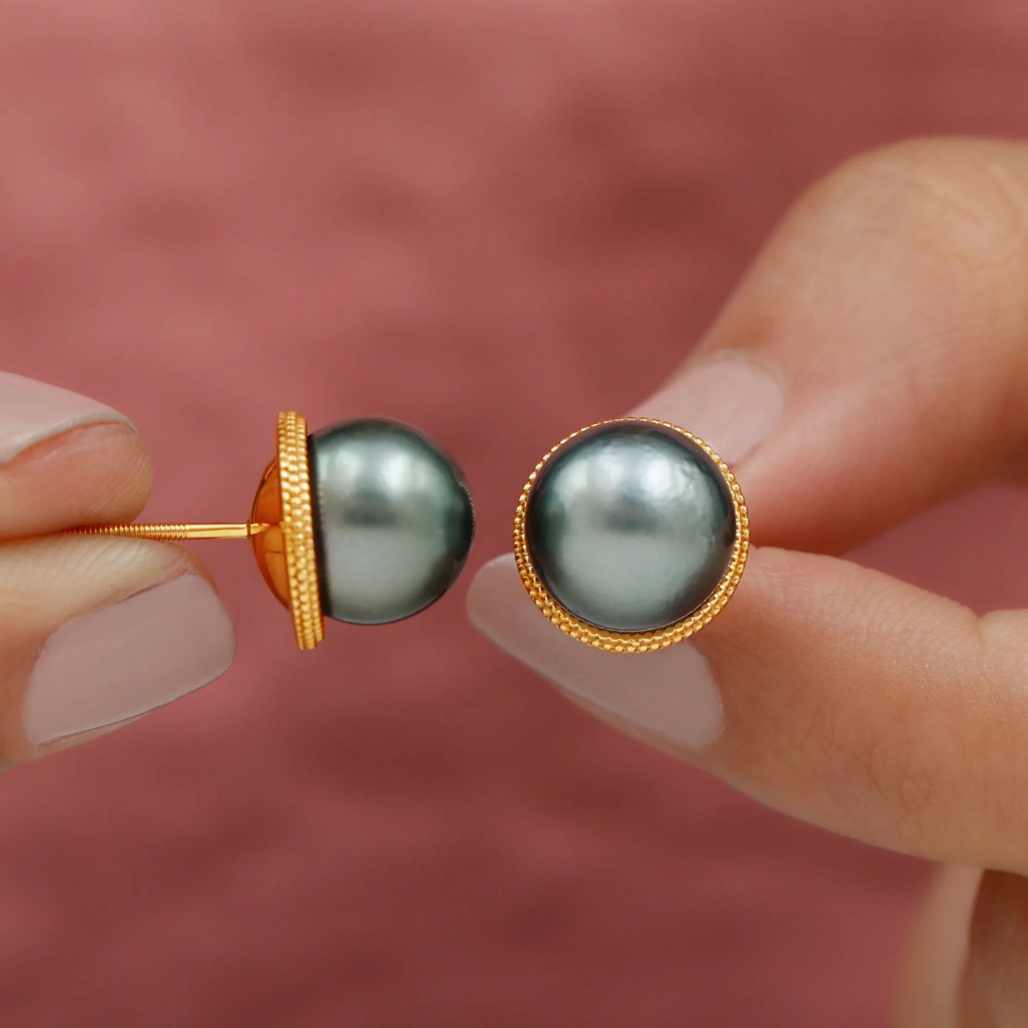Beaded Bezel Set Tahitian Pearl Solitaire Gold Stud Earring
