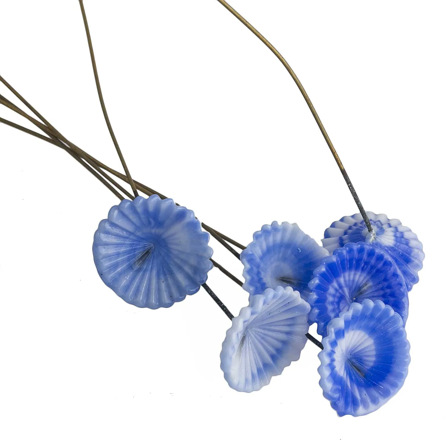 Blue & white glass flowers on wire. 76x15mm. Pkg 6. B11-BL-0636