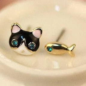 Cat and Fish Asymmetrical Earrings