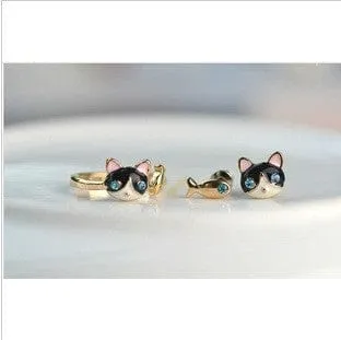 Cat and Fish Asymmetrical Earrings