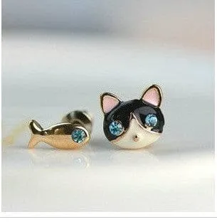Cat and Fish Asymmetrical Earrings