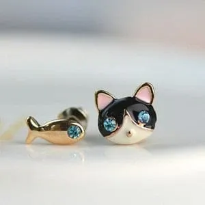 Cat and Fish Asymmetrical Earrings