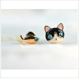 Cat and Fish Asymmetrical Earrings