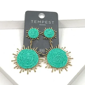 Circle burst dangle earrings with rattan inlay