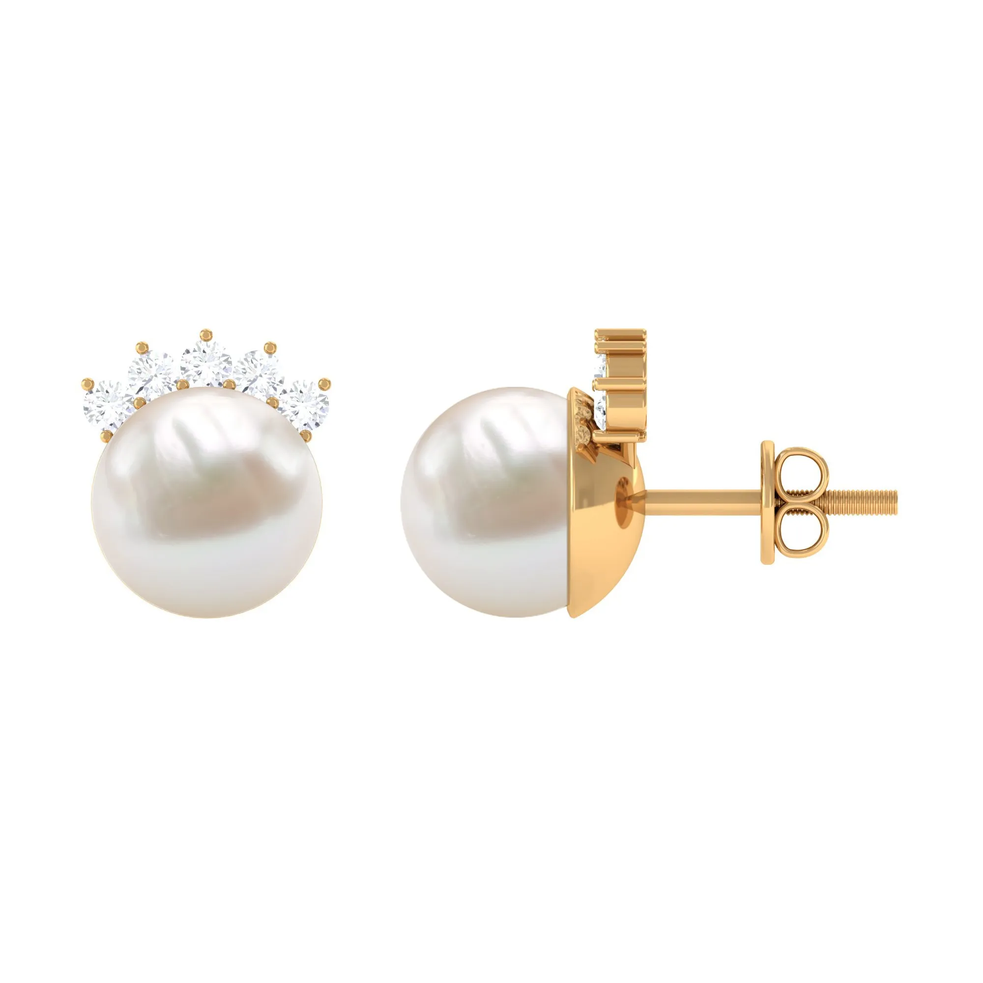 Crown Freshwater Pearl Stud Earring with Shiny Diamond