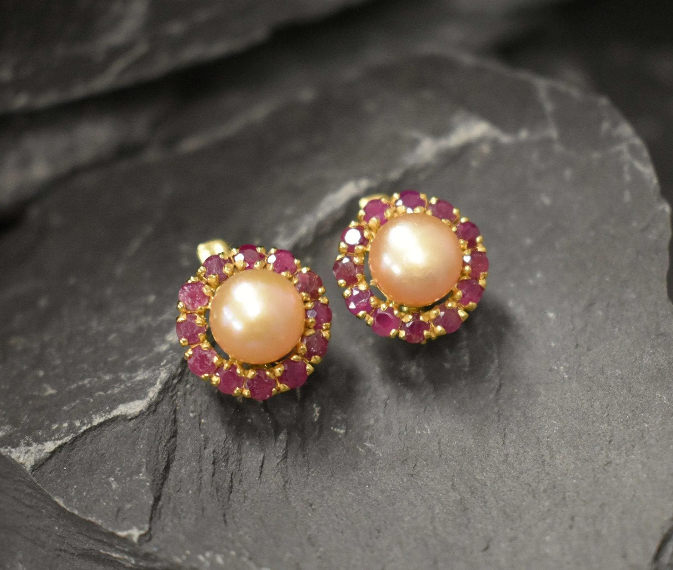 Gold Victorian Earrings - Natural Pearl Earrings, Peach Pearl Earrings