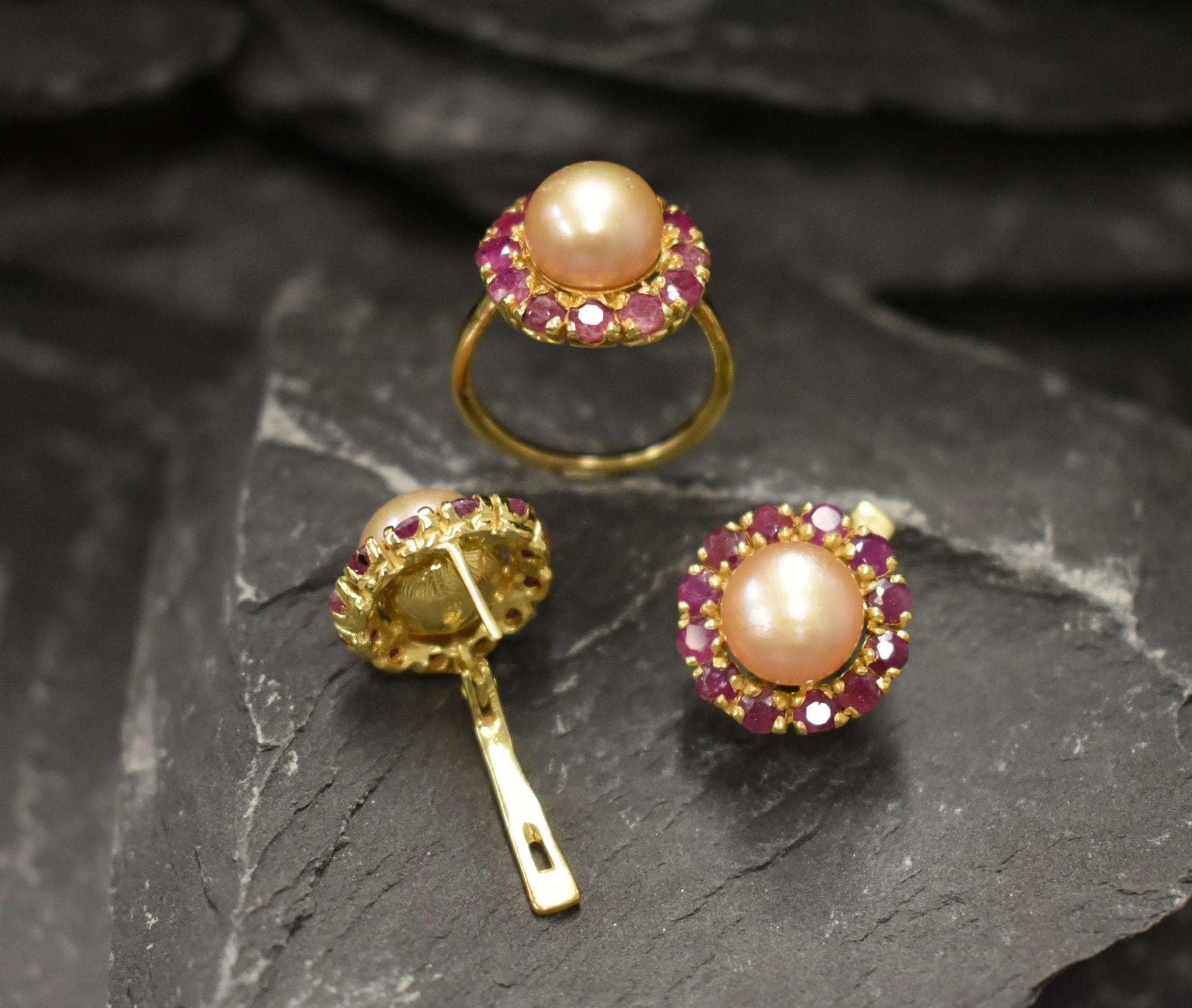 Gold Victorian Earrings - Natural Pearl Earrings, Peach Pearl Earrings