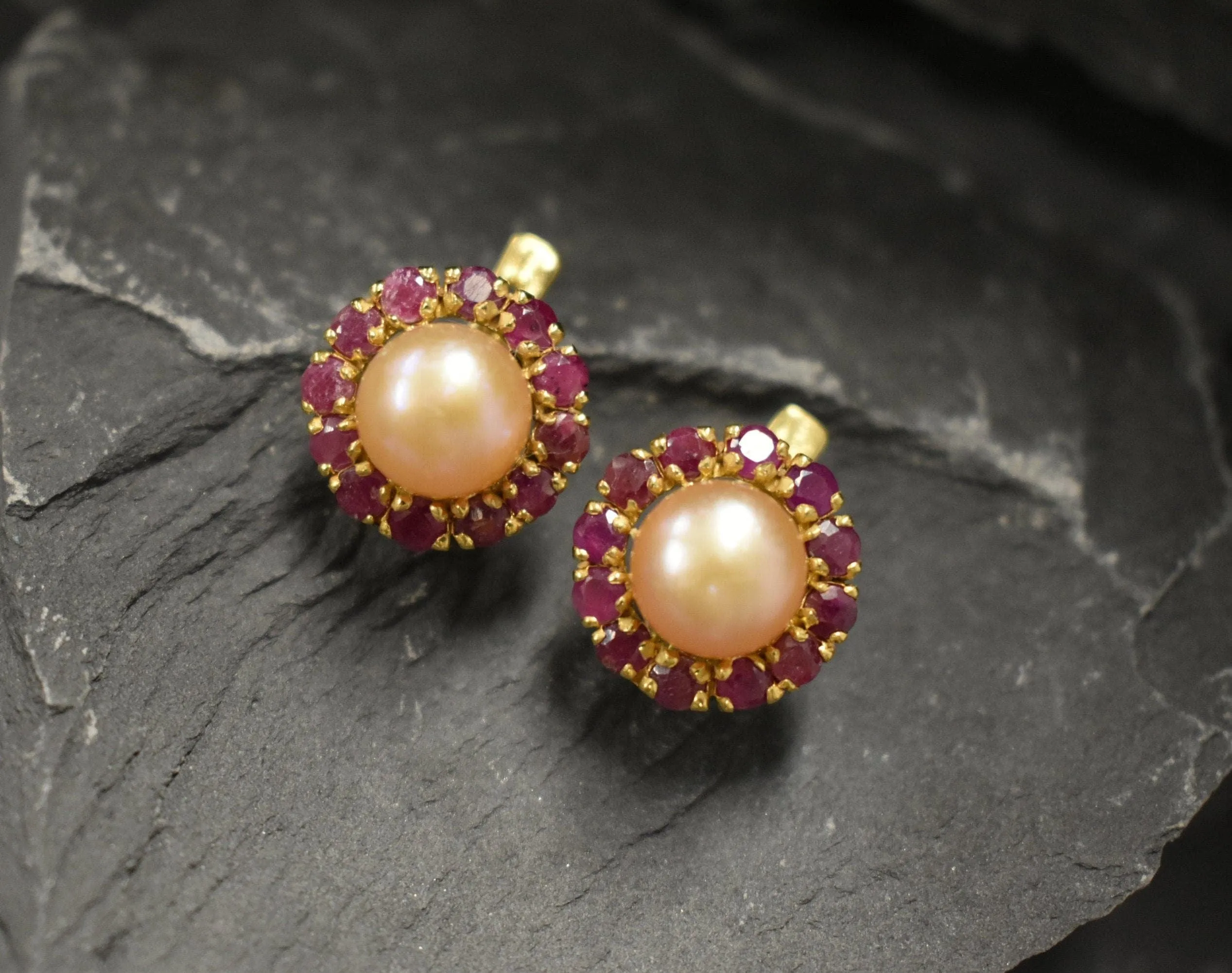 Gold Victorian Earrings - Natural Pearl Earrings, Peach Pearl Earrings