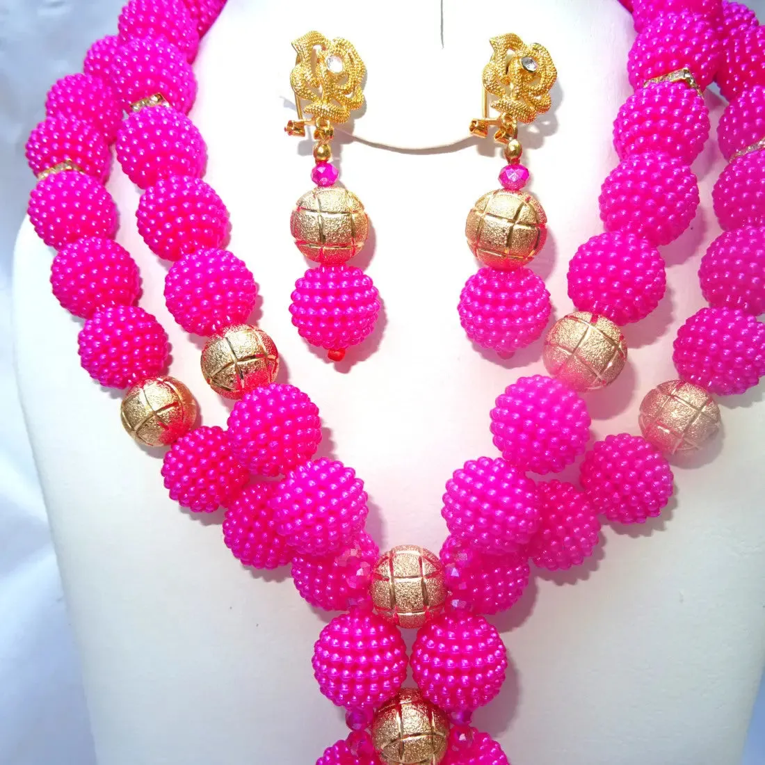 Handmade Pink 2 layers ball African beads with Gold balls Jewellery Set Wedding Party Set
