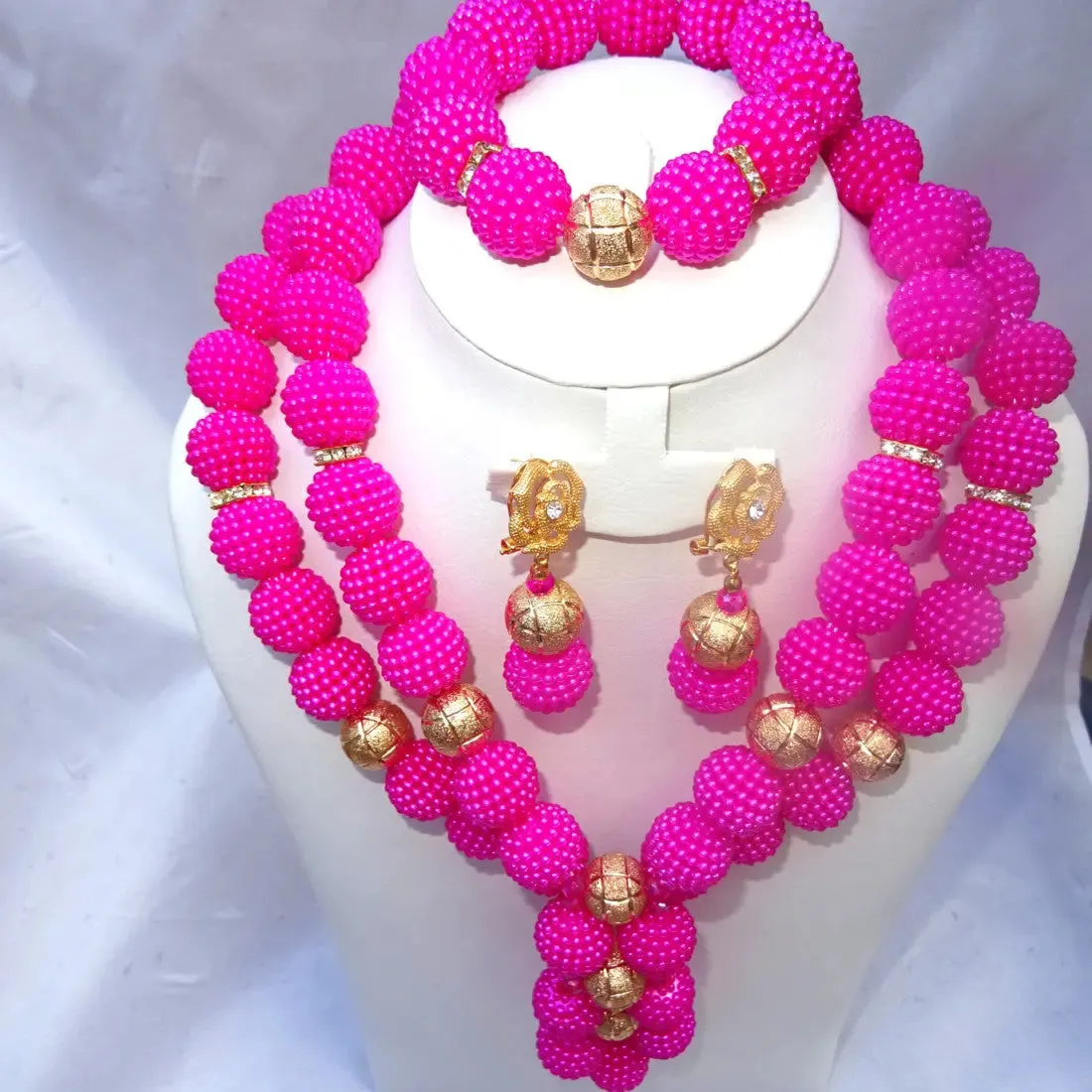 Handmade Pink 2 layers ball African beads with Gold balls Jewellery Set Wedding Party Set