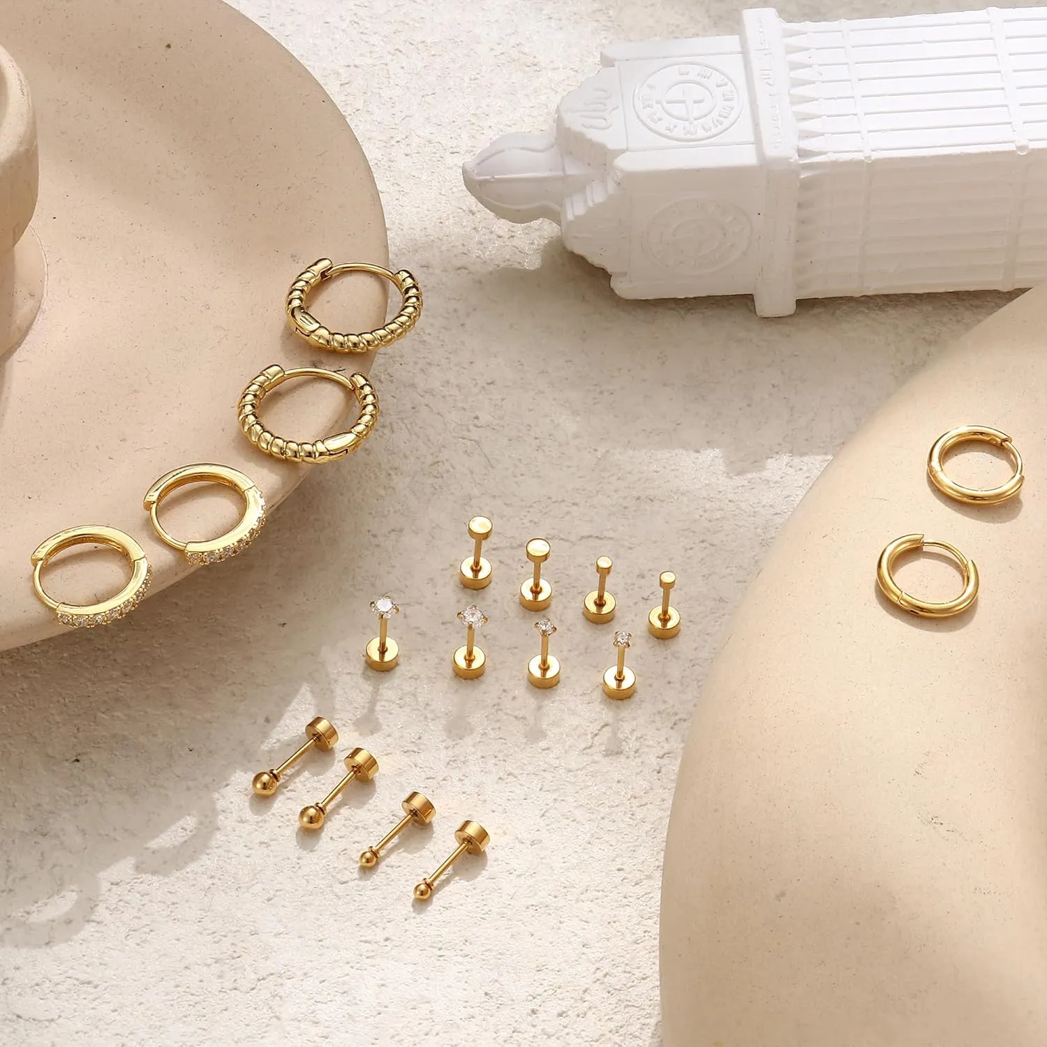 LOYALLOOK 14K Gold Plated Flat Back Earrings for Women Men Gold Cartilage Earring Sets for Multiple Piercing 20G Stainless Steel Earrings Hypoallergenic Small Hoop Ball CZ Flatback Stud Earrings