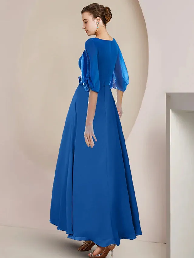 Luolandi A-Line Mother of the Bride Dress Wedding Guest Party Elegant V Neck Asymmetrical Chiffon Half Sleeve with Crystal Brooch