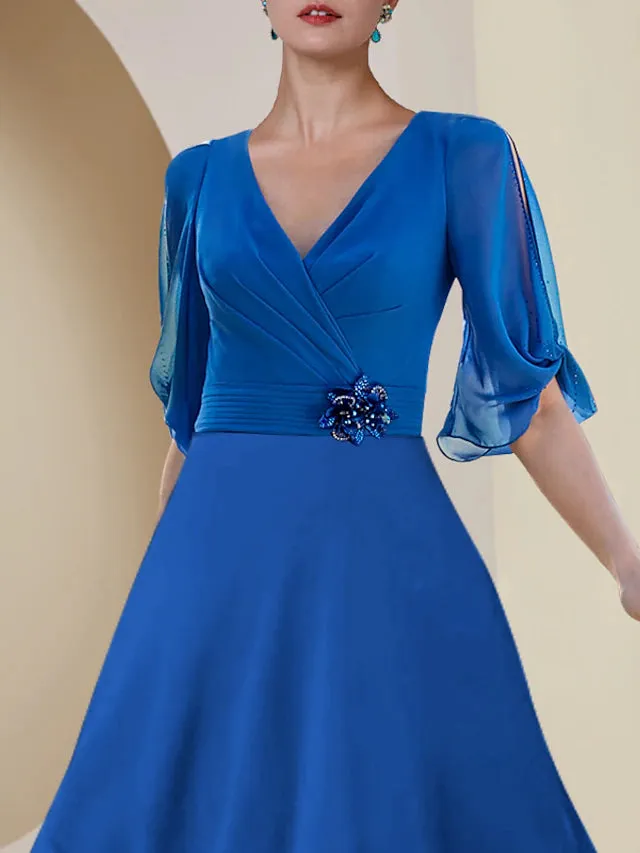 Luolandi A-Line Mother of the Bride Dress Wedding Guest Party Elegant V Neck Asymmetrical Chiffon Half Sleeve with Crystal Brooch