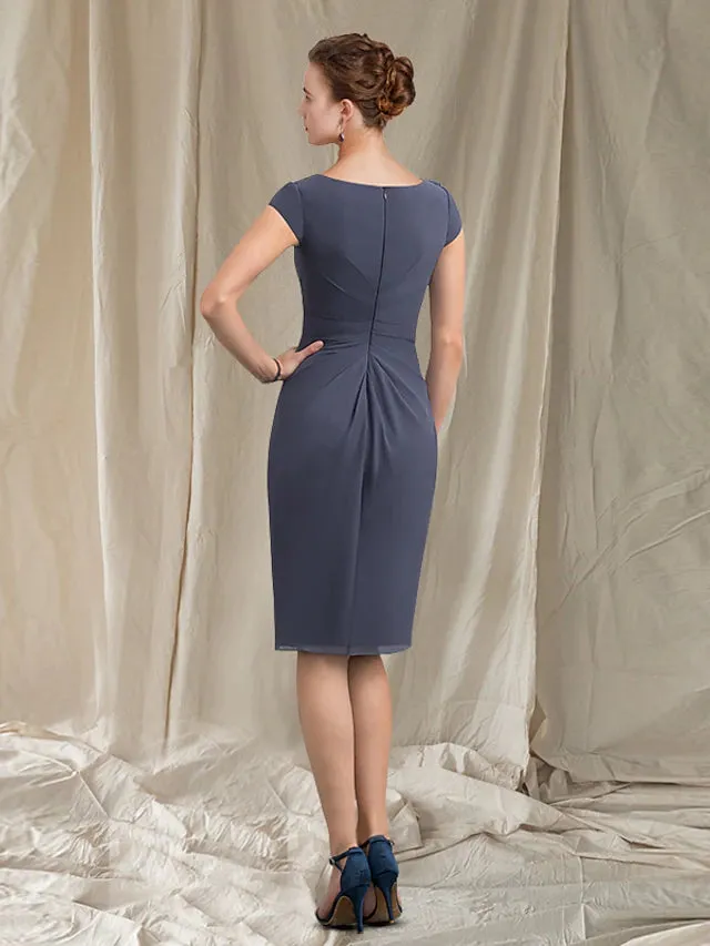 Luolandi Sheath / Column Mother of the Bride Dress Elegant Jewel Neck Knee Length Chiffon Cap Sleeve with Ruffles Crystal