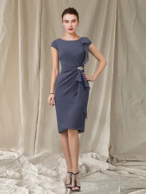 Luolandi Sheath / Column Mother of the Bride Dress Elegant Jewel Neck Knee Length Chiffon Cap Sleeve with Ruffles Crystal