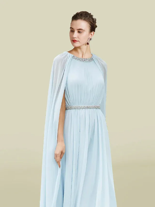 Luolandi Sheath / Column Mother of the Bride Dress Elegant Jewel Neck Tea Length Chiffon Sleeveless with Pleats Beading