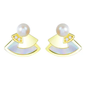 Mother of Pearl Fan Design Pearl Zircon Sterling Silver Stud Earrings