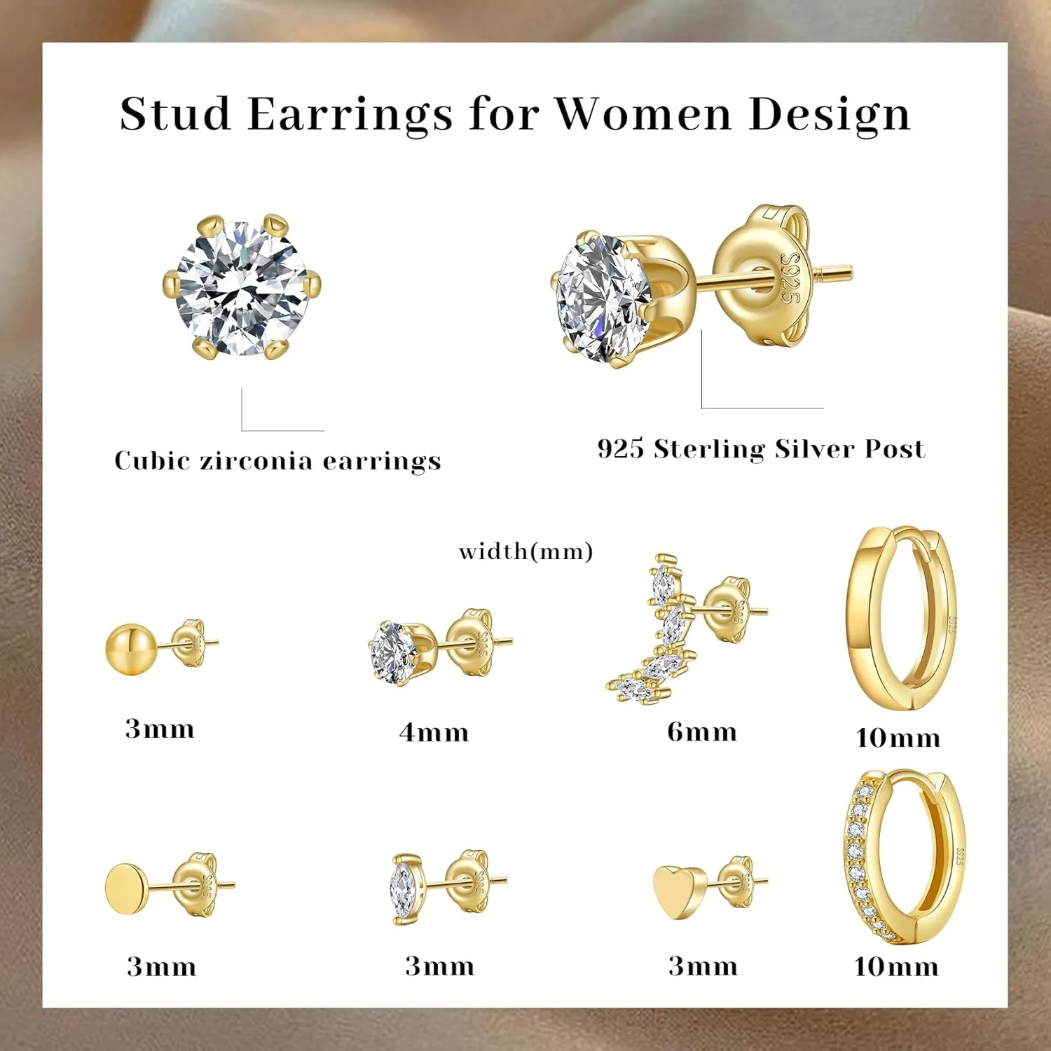 PRETOLE Sterling Silver Stud Earrings, Sterling Silver Earrings 925 Silver Diamond Stud Earrings Hypoallergenic White Gold Plated Stud Earrings Set Cubic Zirconia Stud Earrings for Women