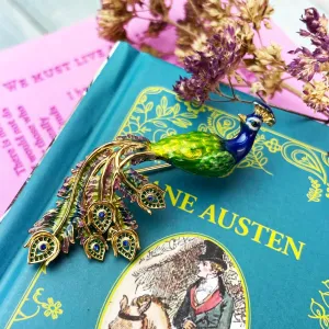 Pride and prejudice enamel peacock brooch