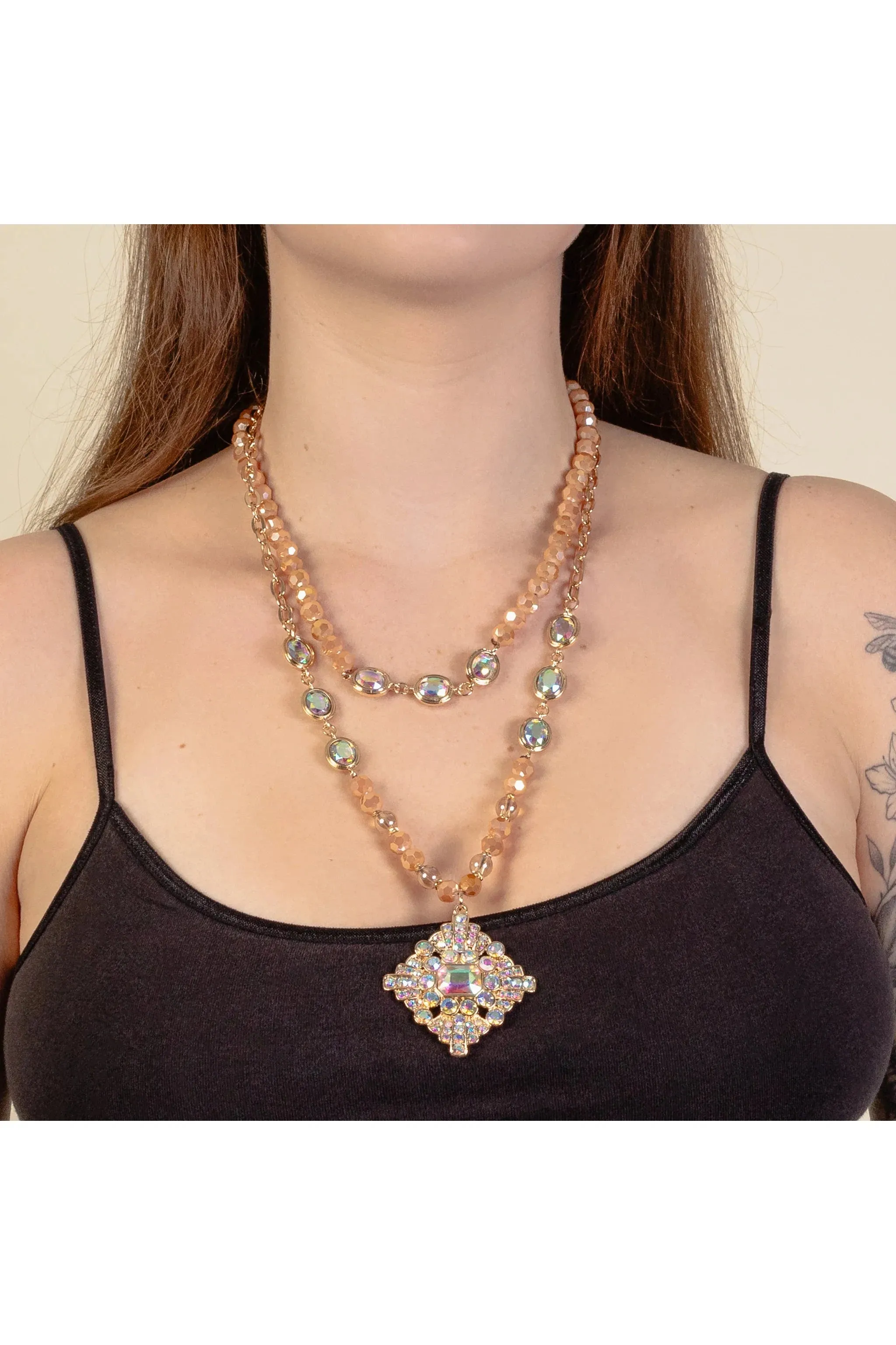 Radiant Aura: Layered Champagne Beaded Necklace With Gold AB Crystal Medallion