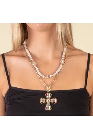 Radiant Faith: Layered Crystal And AB Gold Cross Pendant Necklace