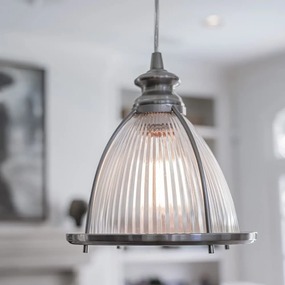 Ribbed Halophane Glass Brushed Nickel Instant Pendant Recessed Can Conversion Kit