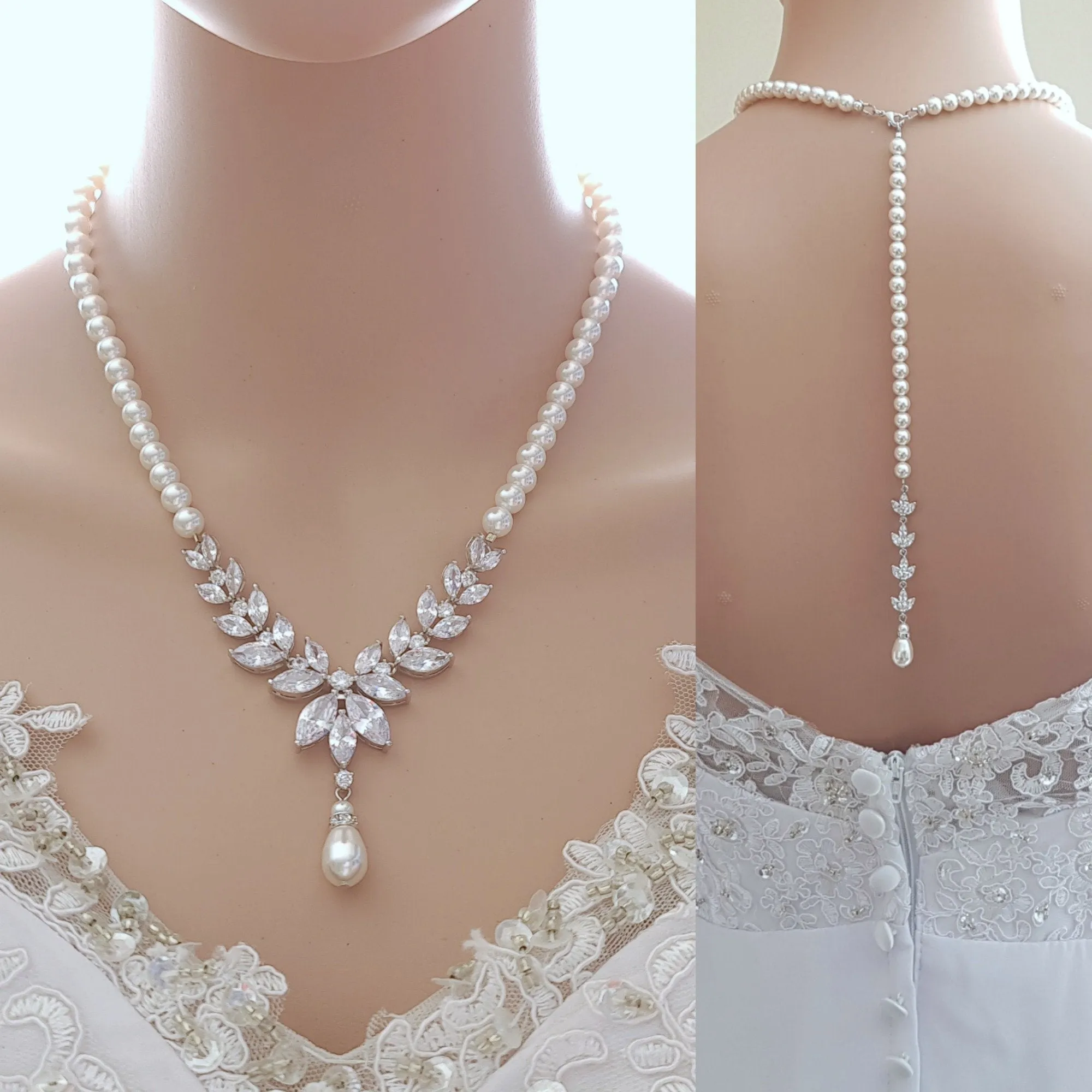 Rose Gold Back Necklace in Pearls With Separable Backdrops-Katie