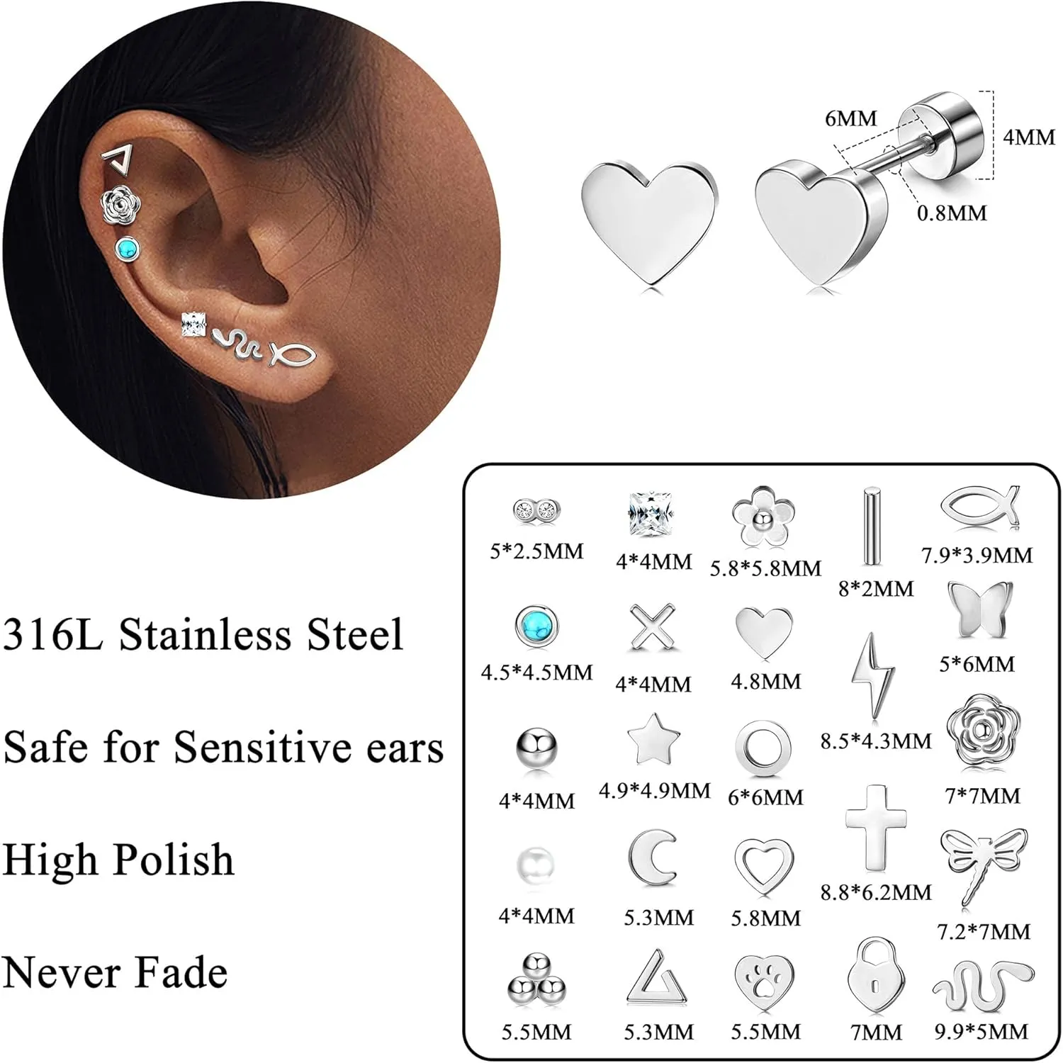Sanfenly 24 Pairs Stainless Steel Stud Earrings Set for Women Men 20G Tiny Small Cartilage Helix Earrings Screw Back Earrings Hypoallergenic Flat Back Earrings Piercing Jewely
