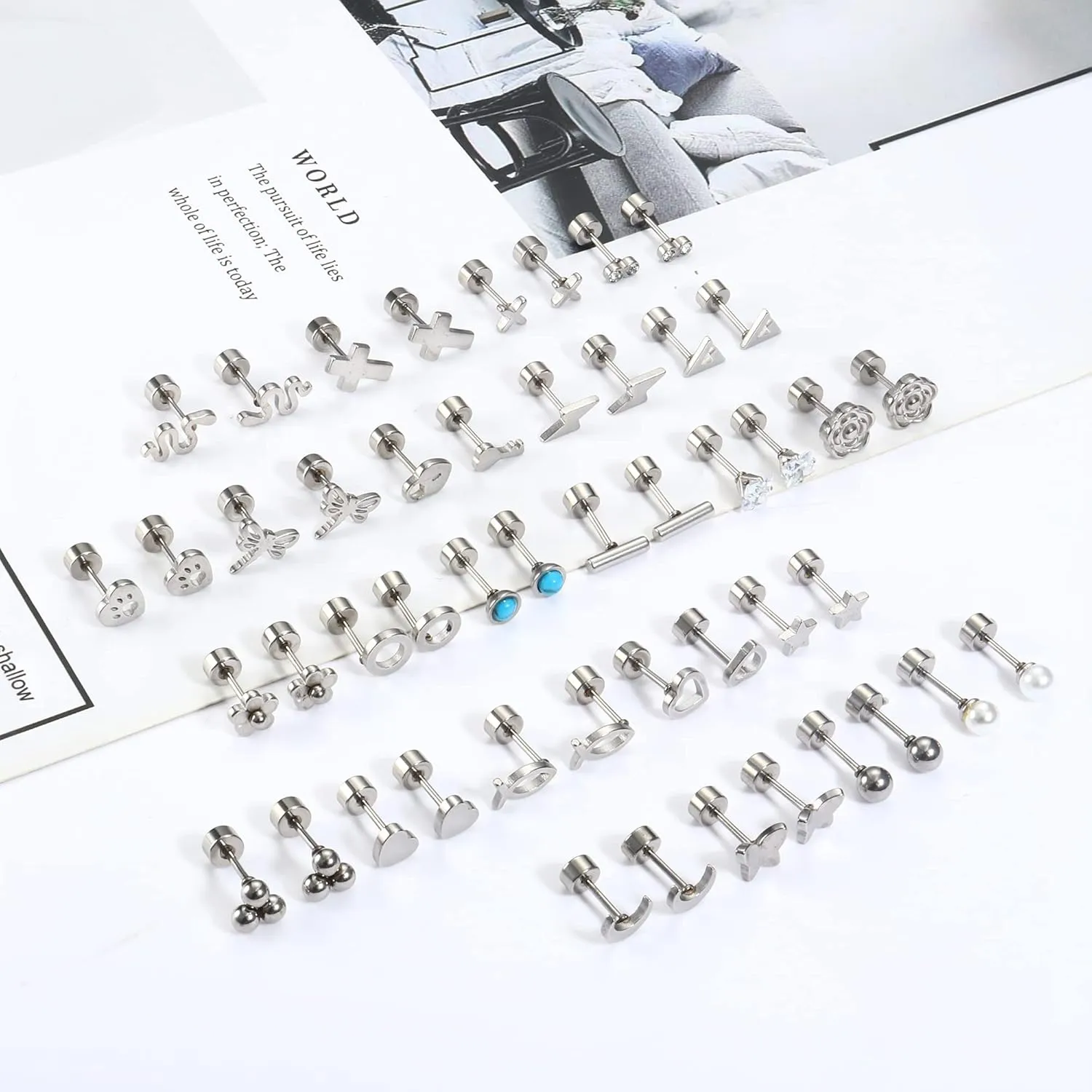 Sanfenly 24 Pairs Stainless Steel Stud Earrings Set for Women Men 20G Tiny Small Cartilage Helix Earrings Screw Back Earrings Hypoallergenic Flat Back Earrings Piercing Jewely