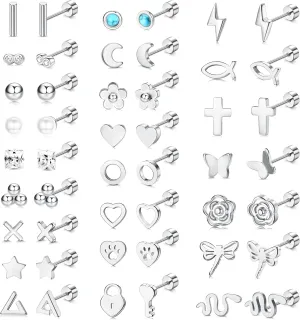 Sanfenly 24 Pairs Stainless Steel Stud Earrings Set for Women Men 20G Tiny Small Cartilage Helix Earrings Screw Back Earrings Hypoallergenic Flat Back Earrings Piercing Jewely