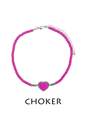 Semi Genuine Hot Pink Stone Heart Pendant Chocker