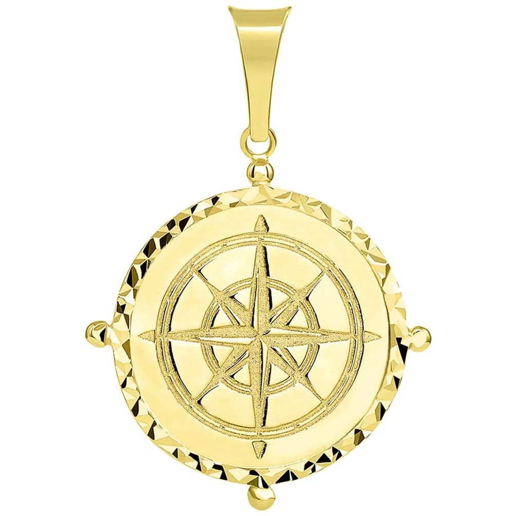 Solid 14k Gold Well Detailed Classic Compass Pendant - Yellow Gold