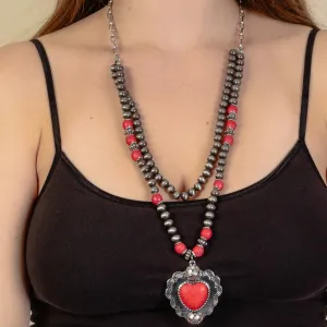 Squash Blossom Red and Silver Heart Layered Necklace