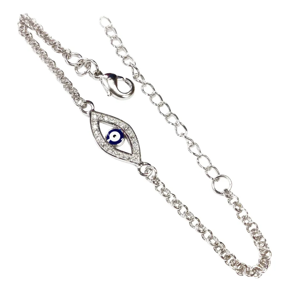 Sterling Silver Blue Evil Eye Bracelet Charm Adjustable Jewelry Women Girls Gift