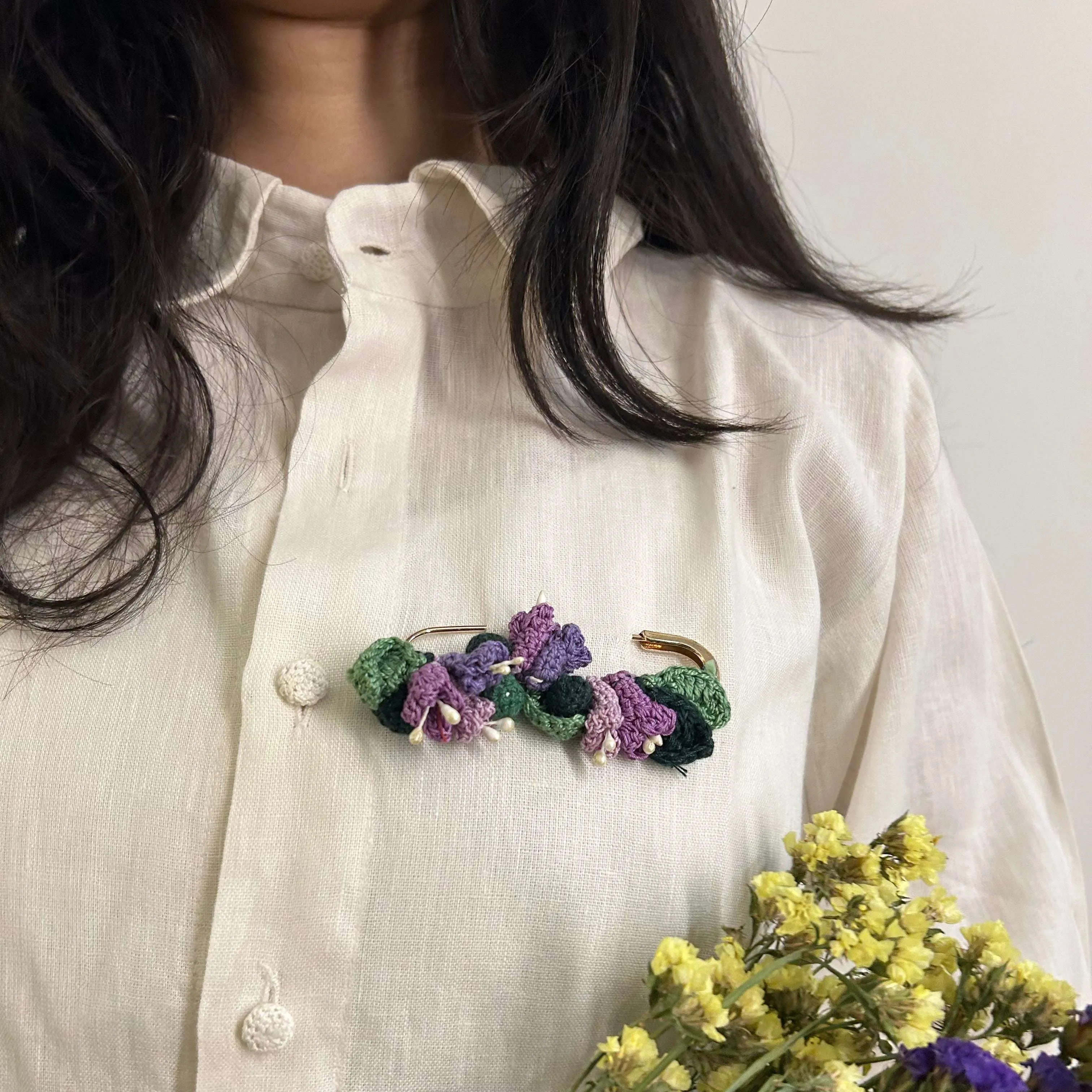 Tulip crochet brooch on a metal pin
