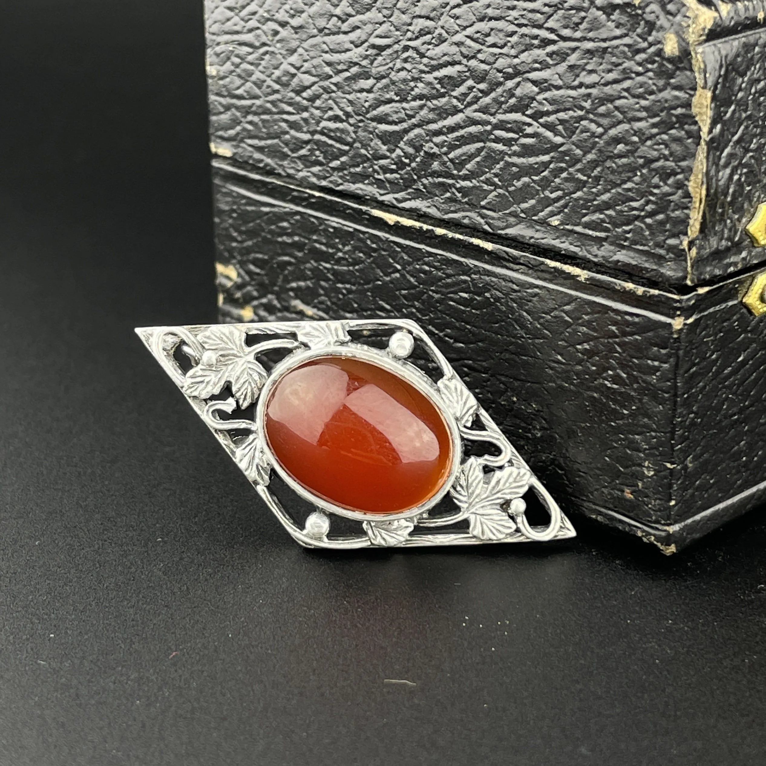 Vintage Arts and Crafts Silver Carnelian Leaf Brooch