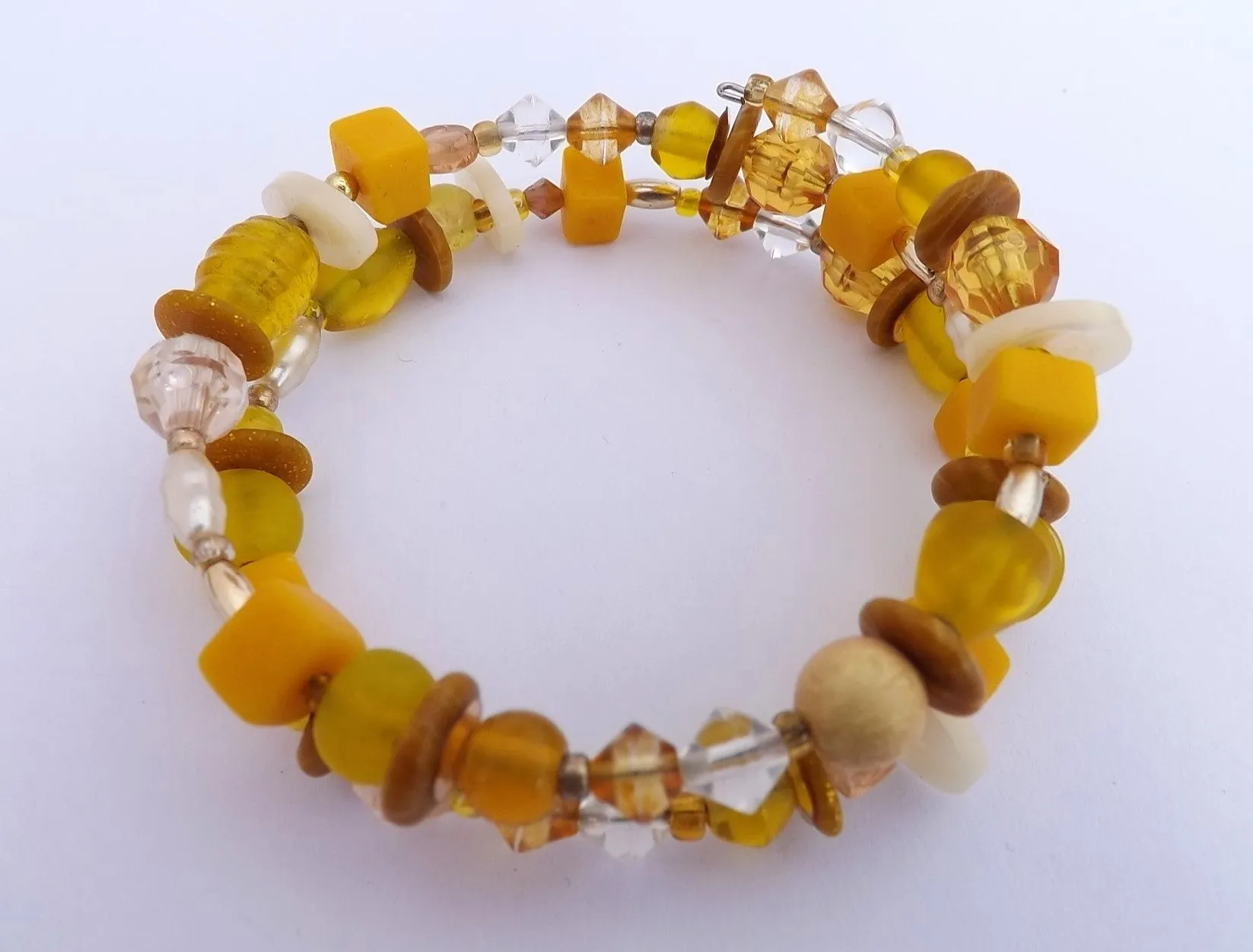 Yellow, Gold & White Beads Memory Wire Bracelet